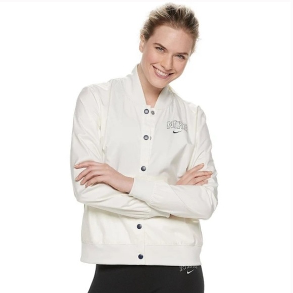 Nike | Women's Cream Snap-Front Varsity Style Jacket side pockets black logos S - Picture 15 of 16